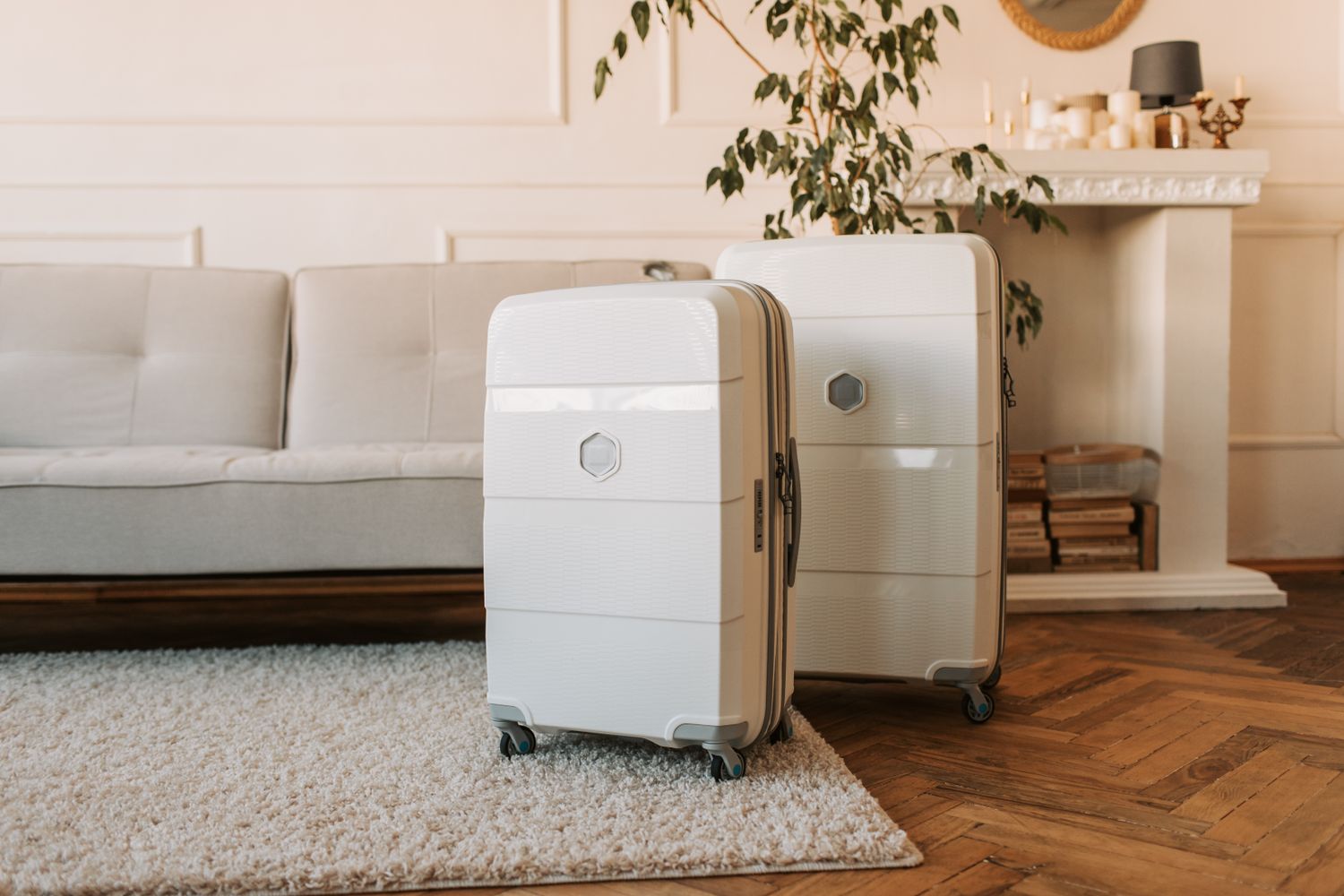 White suitcases waiting beside a sofa in a bright living room
